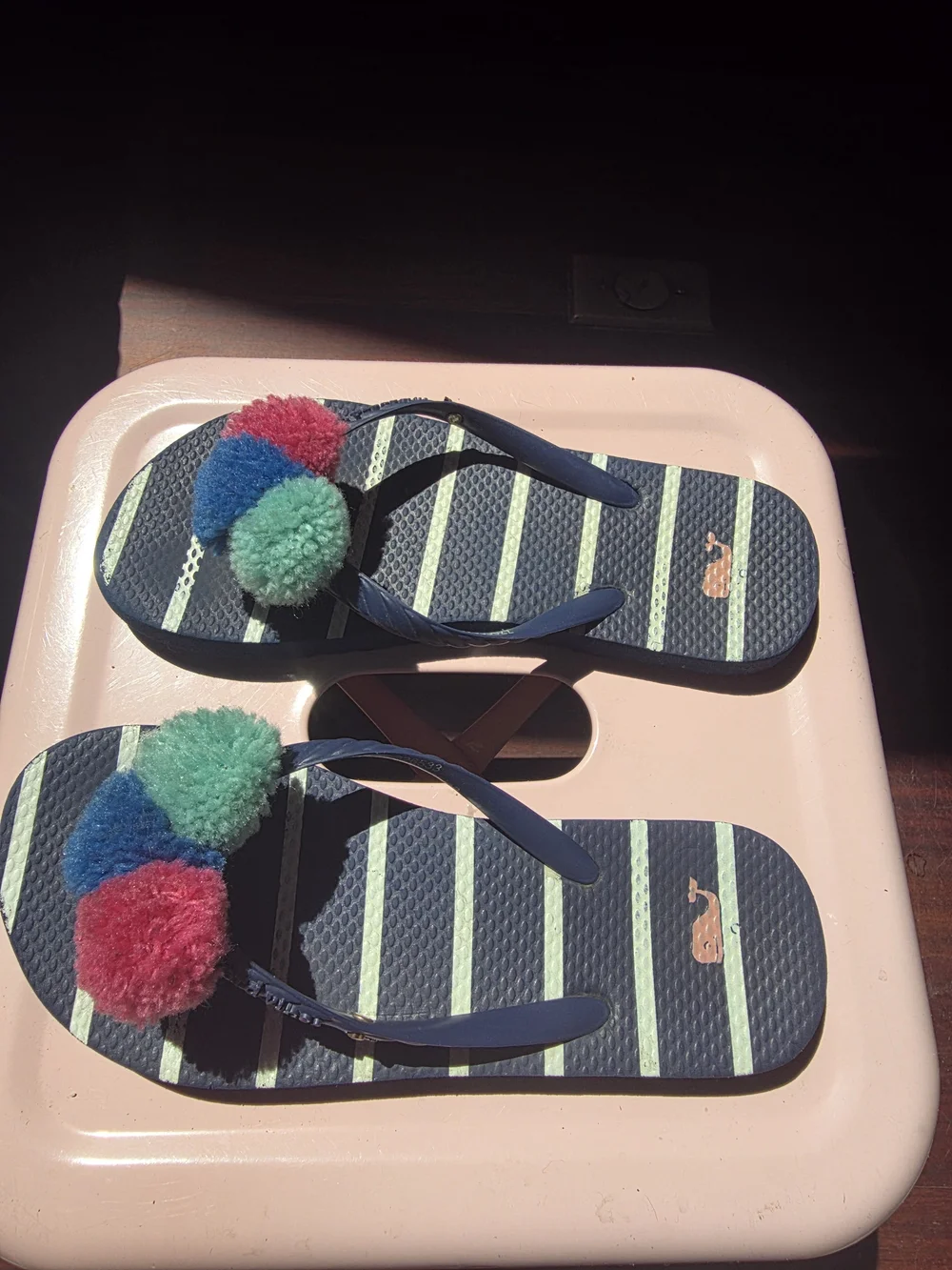 Vineyard Vines Navy Stripe Flip Flops with Pink Blue Green Pom Poms